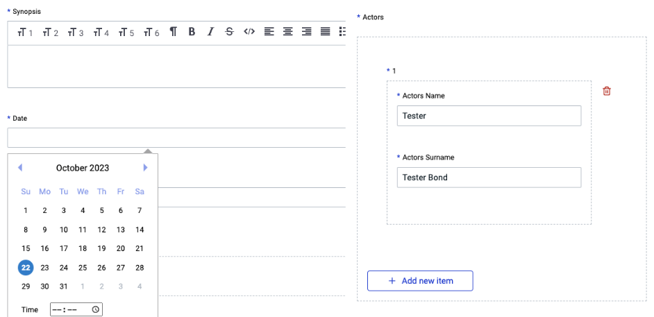 Montagem mostrando partes de formulários gerados pelo AdminJS
