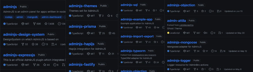 Montagem mostrando várias listagens de módulos do AdminJS