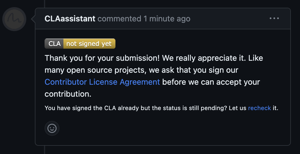 Painel do github exibindo o comentário do CLA assistant