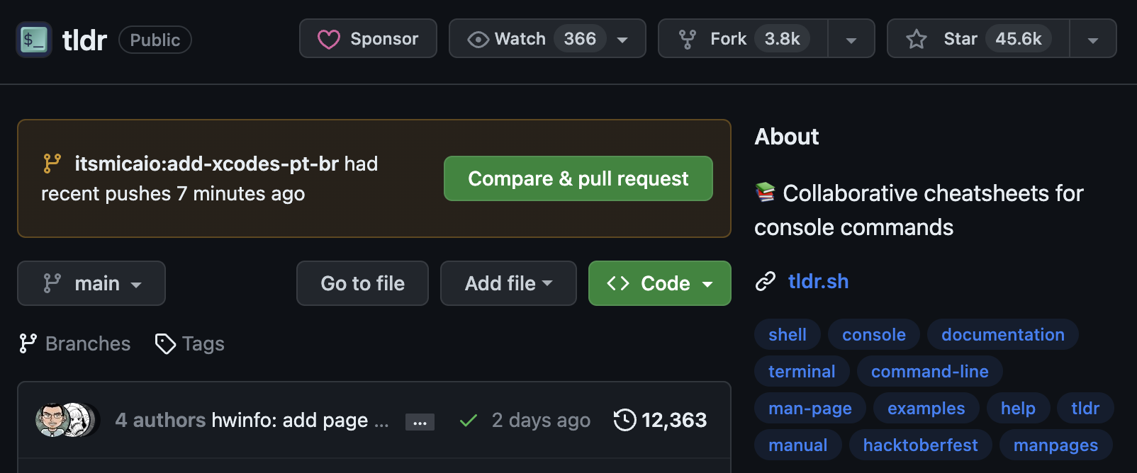 Painel do github exibindo o botão compare & pull request