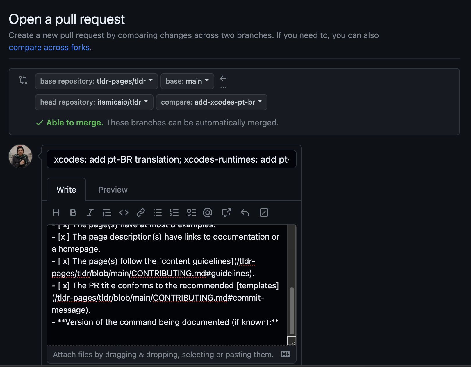 Painel do github exibindo o formulário de pull request