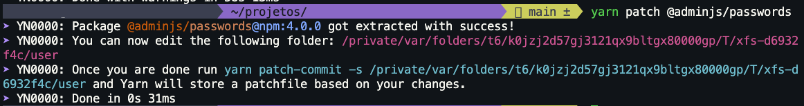 Imagem mostrando a resposta do comando yarn patch